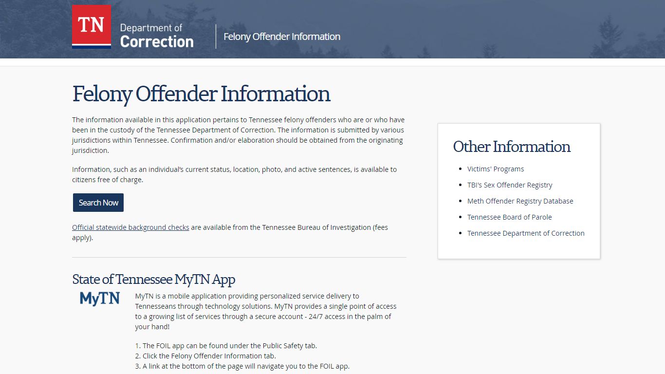 Tennessee Felony Offender Information - State Services